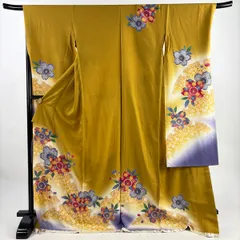 振袖 身丈174cm 裄丈70.5cm 未仕立て 仮絵羽 桜 雪輪 金糸 金彩 黄土色 正絹 秀品 【中古】