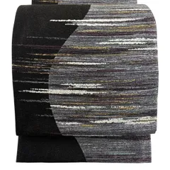 【美品】 袋帯 名品 幾何学 縞 箔 金糸 銀色 六通 正絹 【中古】