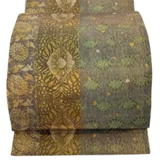 【美品】 袋帯 逸品 落款 牛首紬地 草花 幾何学模様 金彩 灰紫 全通 正絹 【中古】