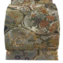 【美品】 丸帯 逸品 琳派流水名勝図 枝花 鳥 金糸 箔 墨色 全通 正絹 【中古】