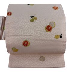 袋帯 名品 落款 草苑白水 蓑虫工芸 鶴 クリーム お太鼓柄 正絹 【中古