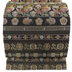 みの虫工芸作家　草苑白水　太鼓柄袋帯　群れ立ち鶴　正絹　逸品　ベージュ 平和屋着物○みのむし工芸作家 草苑白水 太鼓柄袋帯 束ね