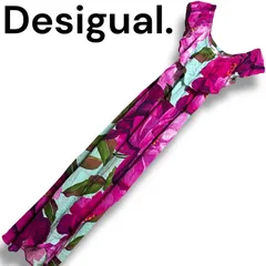 Desigual デシグアル ノースリーブ ワンピース M マゼンタ パープル ターコイズ グリーン 抽象フローラル 総柄 タンクドレス ギャザー ルーシュ ビスコース100 ロング丈 モロッコ製 001369H