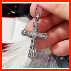 高級キュービックジルコニアクロスペンダントネックレス CZダイヤモンド クロス 十字架 シルバー 45cm レディース メンズ ユニセックス ギラギラ 新品未使用品