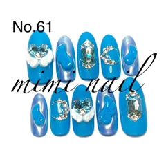 No.61 水色＆ミラー羽ネイルチップ ハンドメイド ロング ジェルコート済