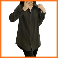 【新品】 [ブブ オーハナ] シャツ ブラウス 長袖 無地 ロールアップ スリーブ ワイシャツ 長め ポケットレス レディース 女性 用 春 夏 秋 冬 服 レギュラー カラー レイヤード 重ね着 前開き シンプル ソリッド ブラック (JP, アルファベ 1