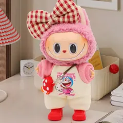 Labubu（ラブブ）ぬいぐるみ 服 リボン付きカジュアルコーデ ドラえもん 風プリントTシャツ ピンク 着せ替え衣装 ぬい服 撮影 ポップマート ディズニー サンリオ ハブアシート HAVE A SEAT コカ・コーラ マカロン エナジー｜商品No.30