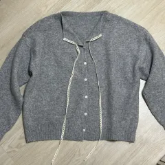 オーバーサイズ レース リボン ニット カーディガン グレー