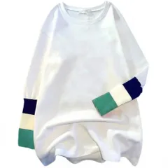 [ＡｒｋｒｅａＭ] 長袖 Tシャツ レディース ロンT 袖口 配色 ボーダー ゆったり 白 トップス (JP, アルファベット, 2XL, グリーン) [グリーン] [2XL]