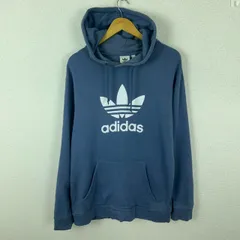 adidas アディダス スウェット パーカー デカロゴ ブルー J/2XOサイズ メンズ 古着 ストリート スポーツMIX