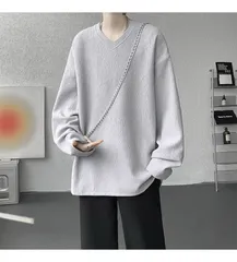 【メンズ】無地 テクスチャード ハートネック ゆったり 長袖 Tシャツ クルーネック ジャージー生地 カジュアル ベーストップ 着回し万能