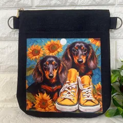 [378]スニーカーと向日葵ダックスちゃん☆コロンと丸底サコッシュ・合皮持ち手付き