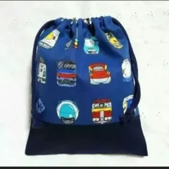 ハンドメイド、電車、正面柄の給食袋、巾着袋、コップ入れ、青、紺色