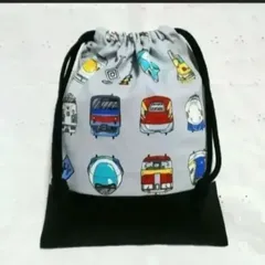 ハンドメイド、電車、正面柄の給食袋、巾着袋、コップ入れ、グレー、黒