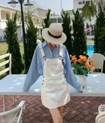 レディース 白 デニム サスペンダー スカート 夏服