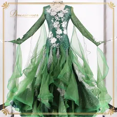 社交ダンス 衣装 スタンダードドレス ワンピース ドレス スタンダード フロート レース フリル 緑 デモ 競技 ダンス パーティ 発表会 ラメ クロッチ グリーン系 おしゃれ スカート 競技用 ドレッシー 美しい イベント用 レディース