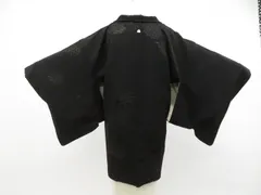 【一輝堂】黒羽織 一つ紋 七宝 亀甲 羽織紐付 正絹 着物 身丈約81cm 裄丈64.5cm 25z12-7017