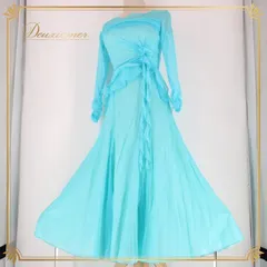 社交ダンス 衣装 スタンダード ドレス ワンピース レッスンウェア パーティドレス レディース オールシーズン ライトブルー系 水色 長袖 レース 社交ダンス ドレス 女性用 ルーズフィット おしゃれ 裾広がり シンプルデザイン 日本製 軽量 伸縮性