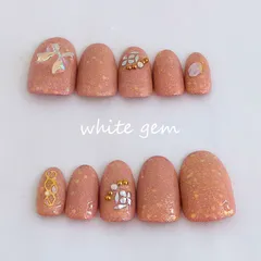 心躍る陽春のジュエリーネイル 春 くすみピンク×シェルラメ ネイルチップ [Ato084]