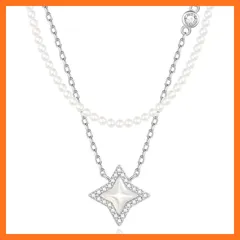 【新品】 [FANCIME] ネックレス レディース クロススター 「星の光り」 星モチーフ マザーオブパール ジルコニア ビーズネックレス 2連 シルバー S925 キラキラ 人気 首飾り ブランド クリスマス 誕生日 記念日 プレゼント ギフトラッピン 1