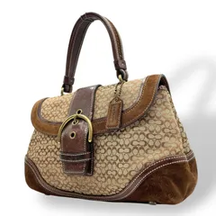 コーチ COACH シグネチャー スエード レザー ハンドバッグ 7078 茶色 ブラウン ゴールド金具 金金具 チャーム付き E10
