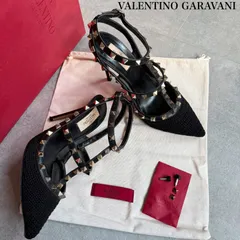 VALENTINO GARAVANI ヴァレンティノガラバーニ ロックスタッズ ファブリックパンプス レザー ニット 黒 ゴールド 37 1/2 レディースシューズ 24.5cm L3