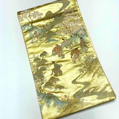 G65 太鼓袋帯 東海道五十三次 川崎 浮世絵 相良繡 結籽繡 金系 箔 