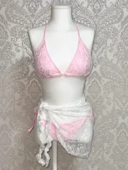 ピンクフラワーレイリボン白レースラップスカートビキニ水着セット
