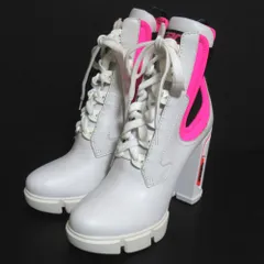 美品 PRADA プラダ チャンキーヒール ハイヒール レースアップ ショートブーツ サイズ37.5 約24.5cm ホワイト×ピンク レディース 古着 中古 USED