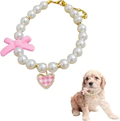Sunny Glow ペット 首輪 フェイクパール ネックレス 猫 小型犬用 リボン チェック柄 ハート チャーム付き ラインストーン 調節可能 アクセサリー (ピンク,  S)