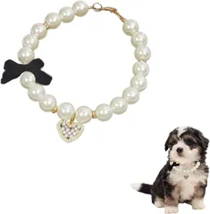 Sunny Glow ペット 首輪 フェイクパール ネックレス 猫 小型犬用 リボン チェック柄 ハート チャーム付き ラインストーン 調節可能 アクセサリー (ブラック,  S)