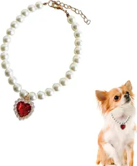 Sunny Glow ペット 首輪 フェイクパール ネックレス 猫 小型犬用 ジュエリー ハート チャーム付き ラインストーン 調節可能 アクセサリー (レッド,  Mサイズ)