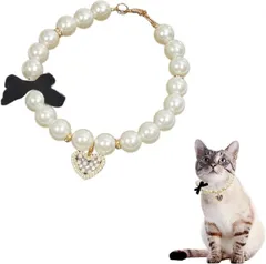 Sunny Glow ペット 首輪 フェイクパール ネックレス 猫 小型犬用 リボン チェック柄 ハート チャーム付き ラインストーン 調節可能 アクセサリー (ブラック,  XS)