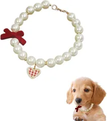 Sunny Glow ペット 首輪 フェイクパール ネックレス 猫 小型犬用 リボン チェック柄 ハート チャーム付き ラインストーン 調節可能 アクセサリー (レッド,  S)