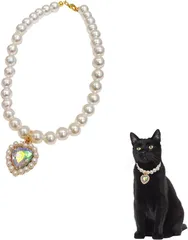 Sunny Glow ペット 首輪 フェイクパール ネックレス 猫 小型犬用 ジュエリー ハート チャーム付き ラインストーン 調節可能 アクセサリー (クリア,  Sサイズ)