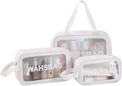 Sunny Glow クリアポーチ 3点セット 化粧 メイク コスメ 防水 大容量 PVC 半透明 収納 サウナバッグ 温泉 スパ 旅行 アウトドア (ホワイト)