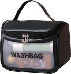 Sunny Glow Makeup Pouch, Clear Pouch, Flap Closure, Semi-Transparent, Large Capacity, Waterproof, Lightweight, for Bath, Spa, Hot Springs, Beach, Travel, Makeup Bag, Pool Bag (Black)