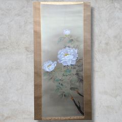 掛け軸 金子華春 『 四季花 』 絹本 希少 軸装 茶道具 掛軸 美品 です