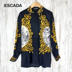 ESCADA エスカーダ ヴィンテージ 金ボタン スカーフ柄 バロック調 英字新聞プリント シルク100% 長袖 シャツ ブラウス ブラックのサムネイル