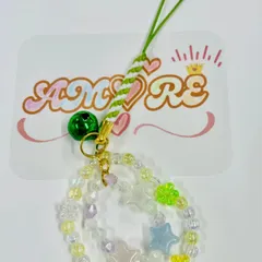 ✨新品✨パステルカラーグリーン基調の花型ビーズと丸ビーズ鈴付きストラップ260115-03
