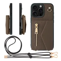 新品 HANATORA for iPhone 16ProMax ケース ショルダー 本革 シュリンクレザー 耐衝撃 スマホケース スマホ ショルダーストラップ 付き ファスナー スマホショルダー カバー カードポケット カード収納 小銭入れ トープ BPCGZ