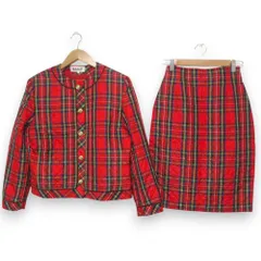 美品 BALLY バリー ヴィンテージ チェック柄 キルティング ノーカラージャケット ひざ丈スカート セットアップ 42 レッド レディース 古着 中古 USED