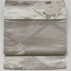 ［6598］袋帯 草花鳳凰菱文様 シルバー 六通 薄紫 正絹 着物 フォーマル