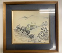 真筆】小林洛春 日本画 彩色山水図 風景画 額装 大浜額縁 作者落款