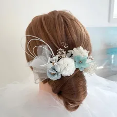 アメリカンフラワー髪飾り　ブルー　グリーン　結婚式　成人式　卒業式