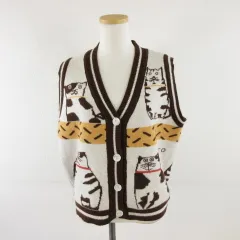 Elpam ニットベスト ジレ ネコ柄 茶 ベージュ *A256
