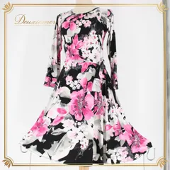 社交ダンス 衣装 スタンダード ドレス ワンピース レッスンウェア パーティドレス 黒 DECIDES ブラック系 ホワイト系 グレイ系 ピンク系 フラワープリント シック 大人用 女性用 カジュアル ストレッチ ドレッシー 着心地良い シンプル エレガント