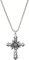 AREUM ネックレス メンズ 十字 薔薇モチーフ クロス ステンレスチェーン カジュアル ストリート 十字架 ファッション (シルバー,  チェーン 60cm)