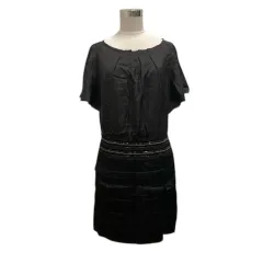 ボールジー BALLSEY トゥモローランド ワンピース ミニスカート ティーアード シルク ビジュー スパンコール タック 無地 半袖 38 黒 ブラック 