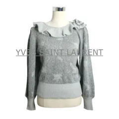 YVES SAINT LAURENT tricots イヴサンローラン トリコット サイズM ニット セーター プルオーバー フリル フラワー装飾 パール 総柄 ウール×アクリル×ナイロン グレー 灰 レディース